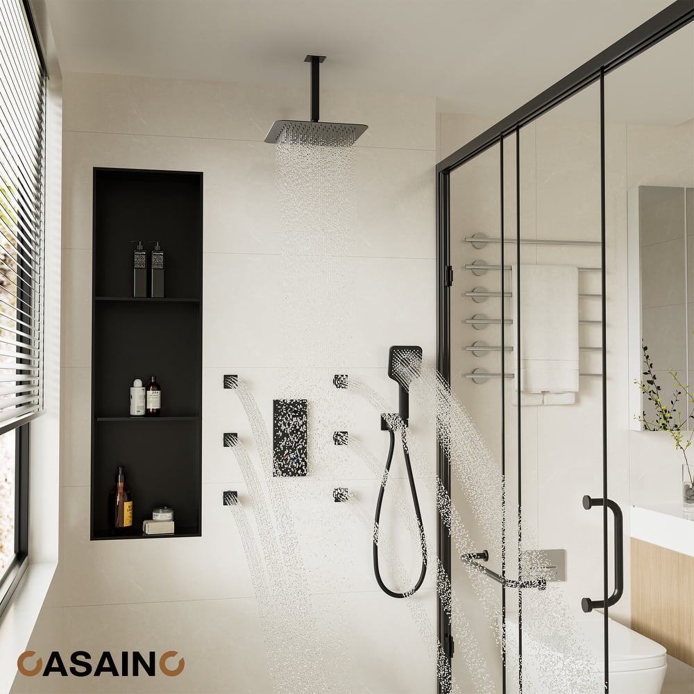 Luxury Thermostatic Shower System 3-Spray Patterns Ceiling Mount Fixed Shower Head and Handheld Spray with 6 Body Jets