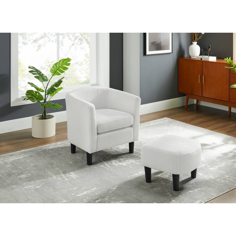 White Modern 26.38" Corduroy Upholstered Arm Chair with Ottoman, Rubber Wood Frame