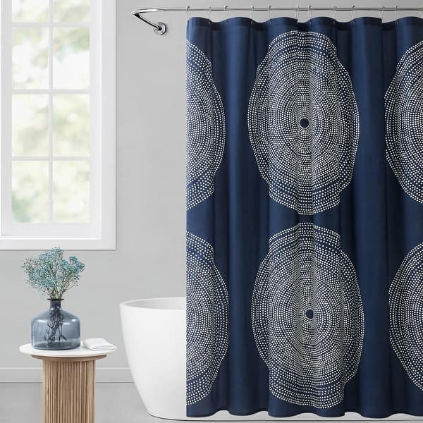 slide 1 of 6, Marimekko Fokus Cotton Navy Shower Curtain