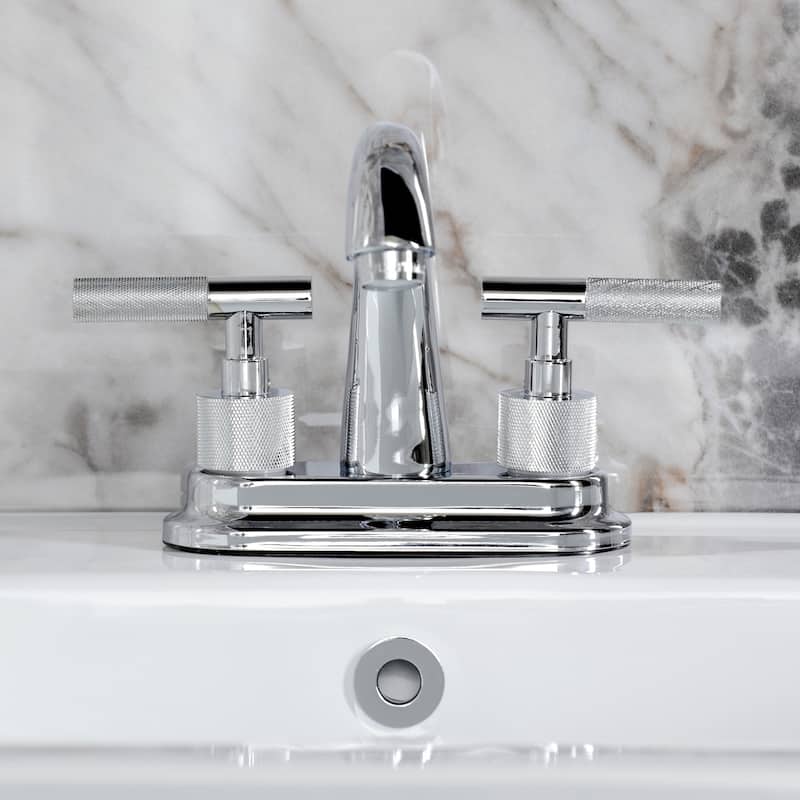 Kingston Brass Convergent Two-Handle 3-Hole Deck Mount 4" Centerset Bathroom Faucet with Knurled Handle and Brass Pop-Up Drain