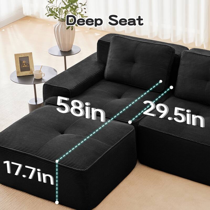 82" Tufted Sectional Sofa with Movable Ottoman, 2-Seater Corduroy Couch for Living Room, Floor Upholstered Leisure Loveseat