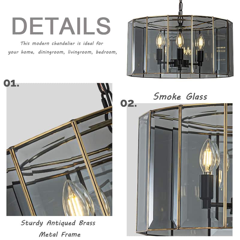 5-Light 20'' Modern Smoked Glass Drum Brass Chandelier Dimmable and Ajustable For Dining Room Living Room - W20''