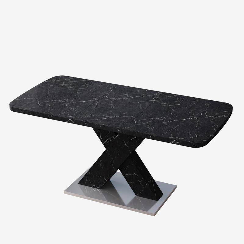 Printed Black Marble Square Dining Table with Metal X-Shape Base, Stretchable Extendable Table Top