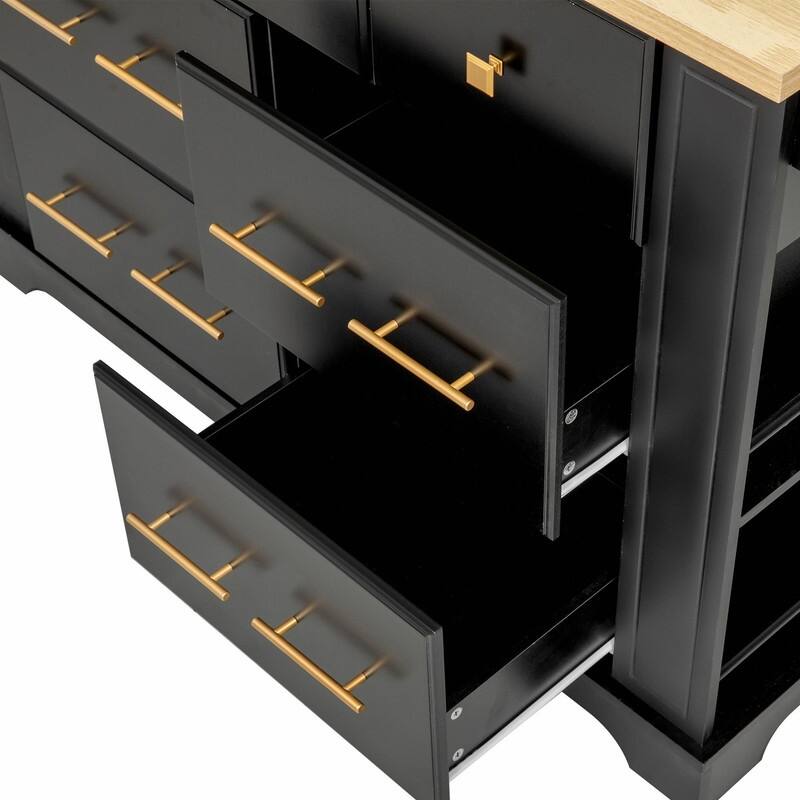 Rolling Kitchen Island with 6 Drawers, Pull-Out Trash Can Storage, Drop Leaf, Power Outlet & Side Racks