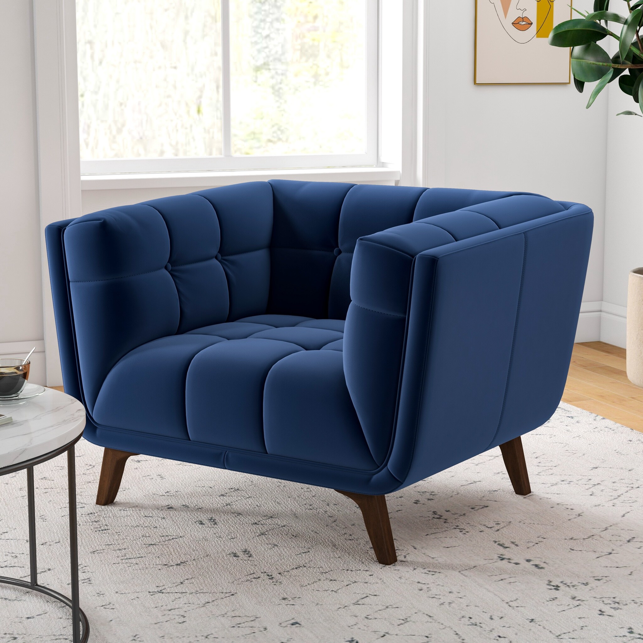Kameron Mid Century Modern Luxury Tufted Accent Armchair in Navy