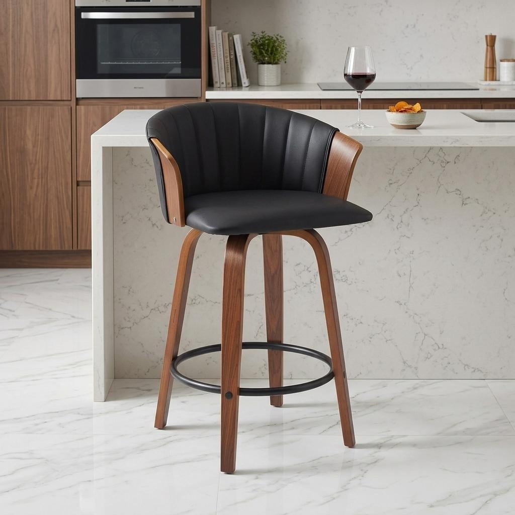 HomeRoots 26" Black and Wood Brown Faux Leather with Solid Wood Swivel Counter Height Bar Chair