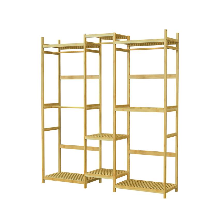 Large Bamboo Clothing Garment Rack Multi-tiered Wardrobe