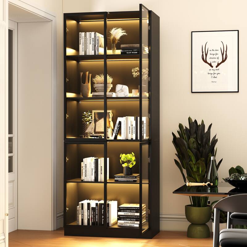 Display Storage Cabinet,Display Cabinet with Tempered Glass Doors, Showcase with 4-Tier Storage Shelves