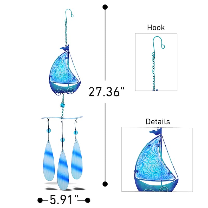 CoTa Global Blue Sailboat Hanging Sea Glass Wind Chime - 27.36 Inch