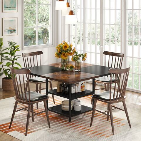Kitchen Table Dining Table for 4 with Storage Shelf Metal Legs Wood Table Top for Home Dining Room Living Room - Round