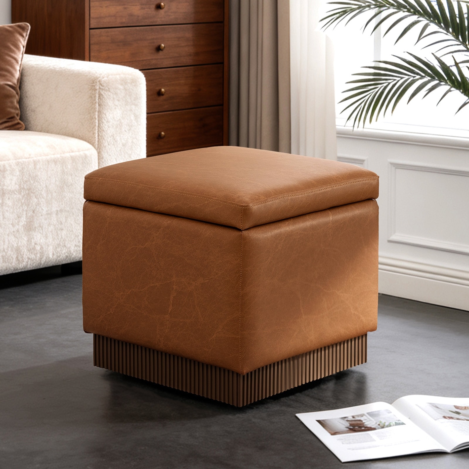 Swivel Storage Ottoman Footstool with Flip-top and Acacia Wood Frame, Fully Assembled