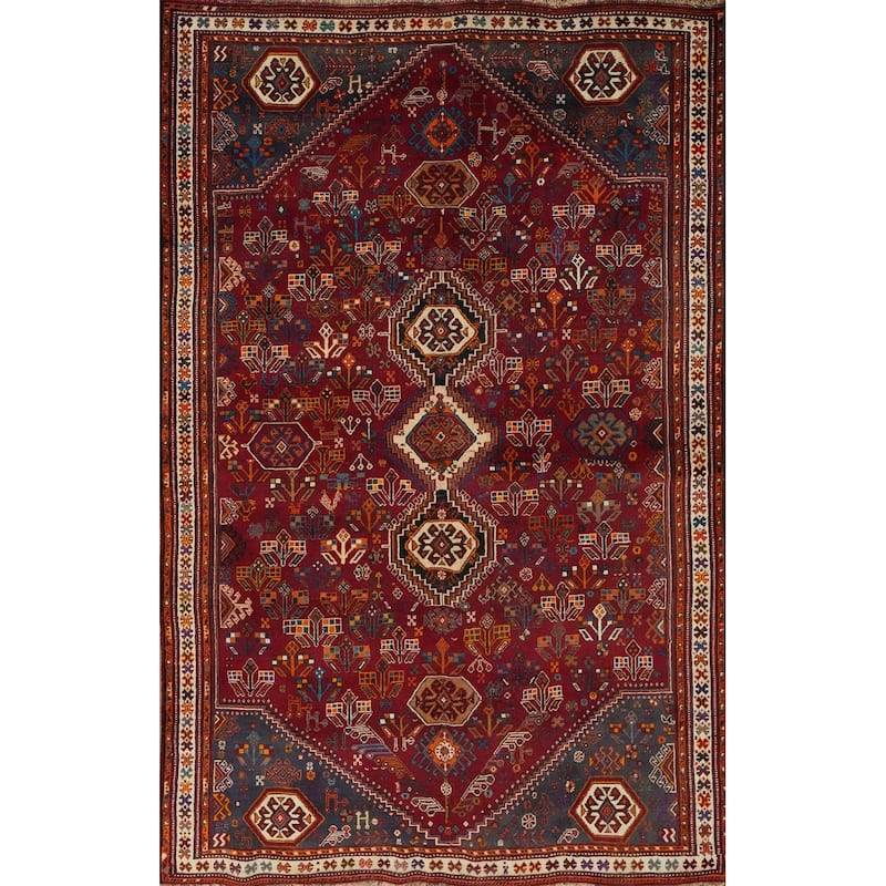 Hand Knotted Oriental 100% Wool Carpet Traditional Tribal Red Shiraz Area Rug - 8' 4'' X 5' 4''