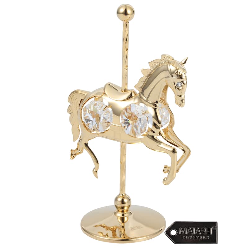 Matashi Home Decorative Tabletop Showpiece 24K Gold Plated Crystal Studded Carousel Horse Ornament
