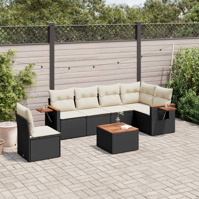 vidaXL Patio Sofa Set with Cushions Outdoor Conversation Furniture Poly Rattan - Black and cream with table - 21.7 x 21.7 x 14.6 in