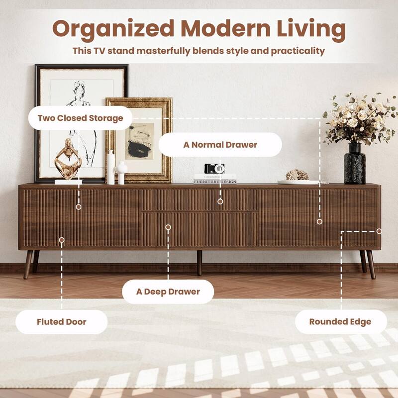 70" Fluted TV Stand with Storage Drawers & Cabinets for TVs up to 80"