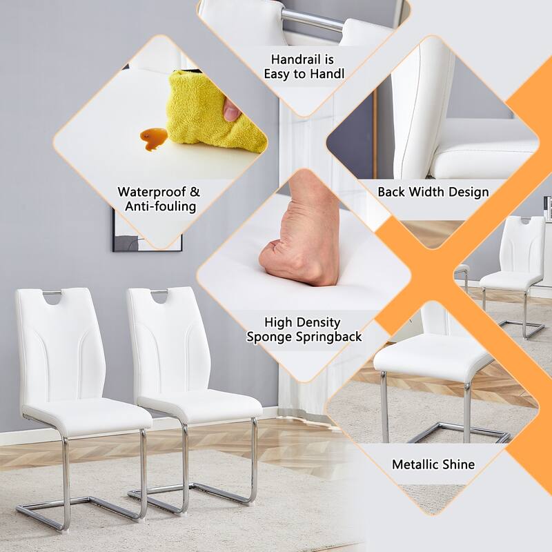 Modern 2 Piece PU Kitchen Dining Chairs with Cushions, Silver Metal Legs, Backrest for Dining Room Kitchen Living Room Bedroom