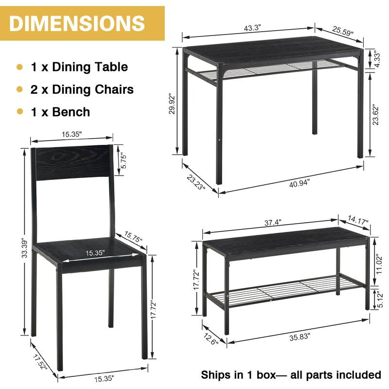 VECELO 43.3" Dining Table Set with Bench, Kitchen Table for 4, Modern Metal Frame Dining Furniture Set for Small Space
