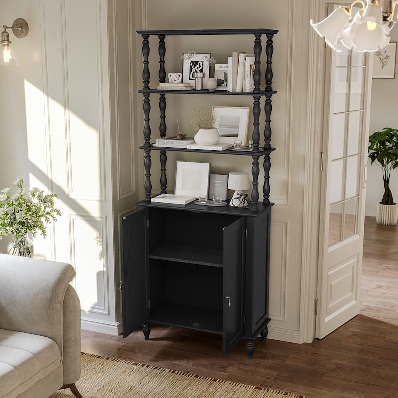 77" Tall Bookshelf with Cabinet, Freestanding Storage Cabinet