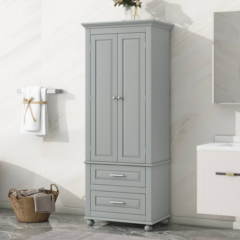 Freestanding Tall Storage Cabinet with 2 Drawers, 2 Doors, Round Legs and Adjustable Shelf for Bathroom Office Kitchen - Grey