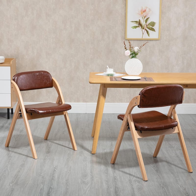 Wooden Stackable Dining Folding Chairs with Padded Seats(Set of 2) - Wood+PU