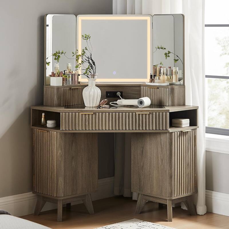 Modern Fluted Makeup Vanity Desk with 3 Way Mirror&Light, Vanity Table - Grey Alder