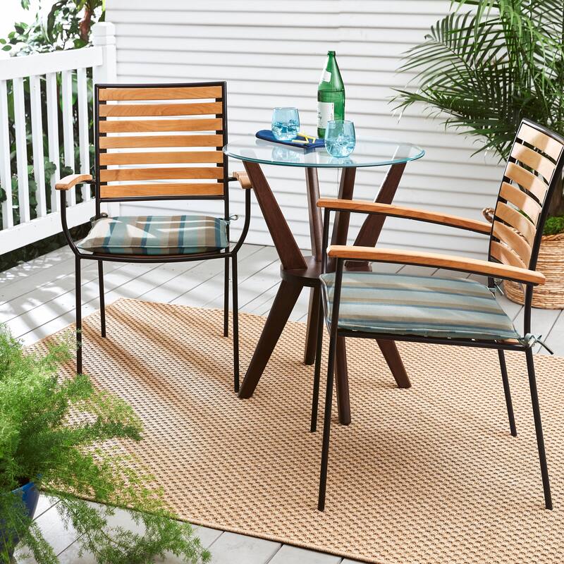 Sunbrella Blue Taupe Stripe Indoor/Outdoor Chair Pad Set, Corded - 17" x 17" x 2"