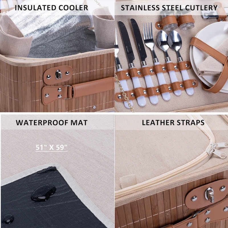 Picnic Basket Set for 2 with Waterproof Blanket Insulated Wine Pouch Hamper with Cutlery for Two Persons