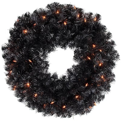 Pre-Lit Black Noble Spruce Artificial Halloween Wreath 24-Inch Orange Lights