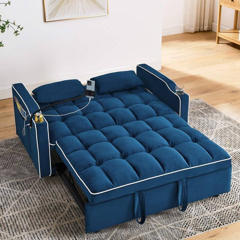 55.51'' Modern Versatile Foldable Sofa Bed With Adjustable Back and USB Port and Ashtray and Swivel Phone Stand