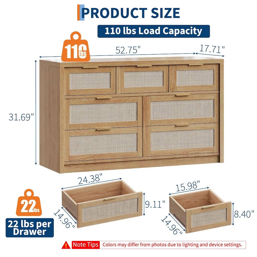 Rattan 7 Drawers Dresser for Bedroom, Wide Chests of Drawers with Golden Handles, Wood Drawers Storage Organizer