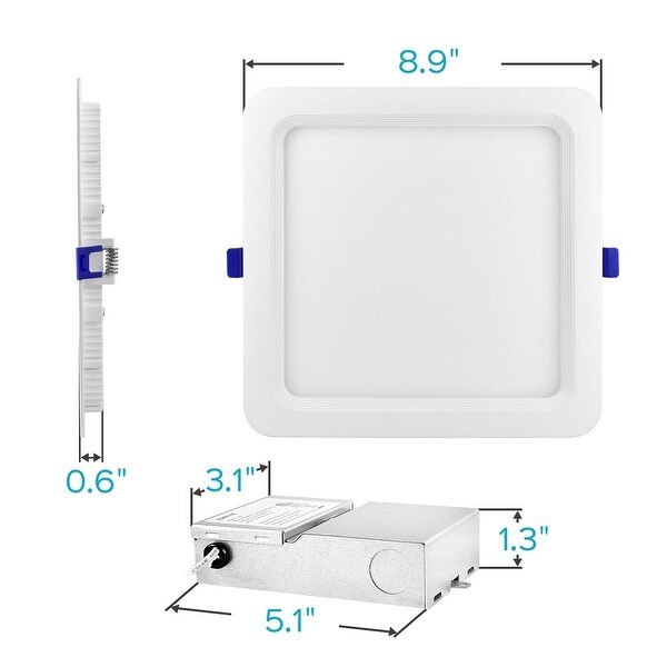Luxrite 8 Inch Square Ultra Thin LED Recessed Light with J-Box, 25W, 2200 Lumens, 0-10V Dimmable, IC & Damp Rated 4-Pack