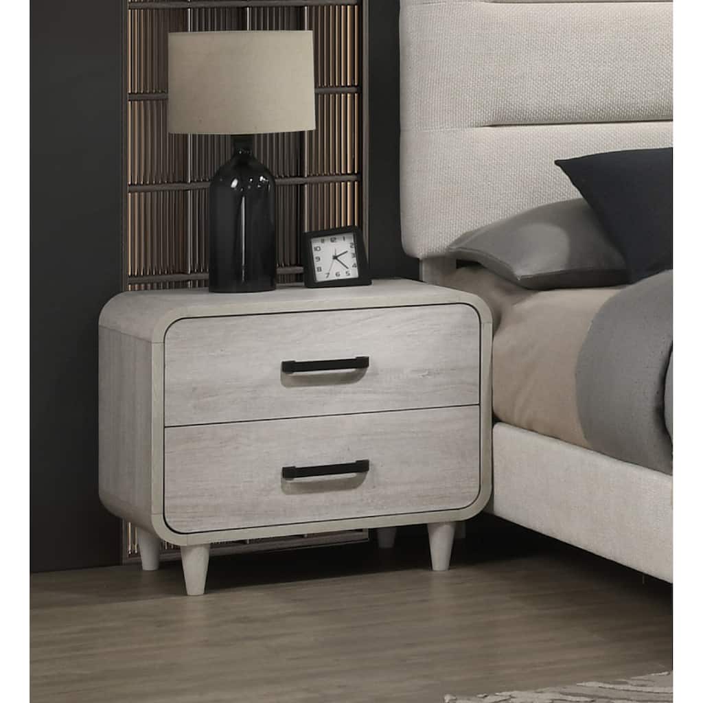 Contemporary White Nightstand with Two Drawers, Rounded Edges, Antique White Finish
