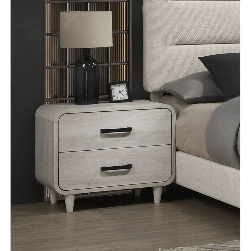 Contemporary White Nightstand with Two Drawers, Rounded Edges, Antique White Finish - Antique White