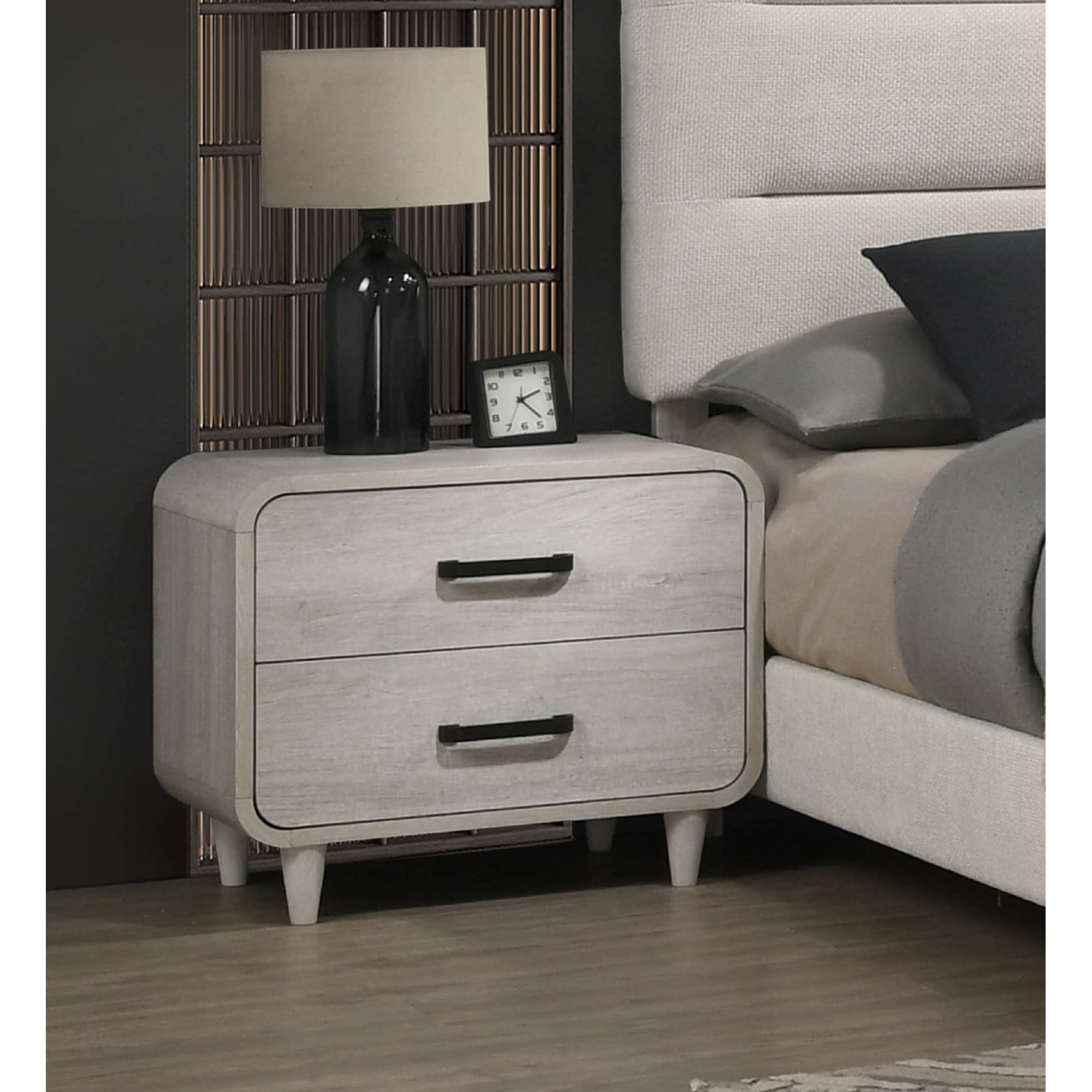 Mid Century Modern Nightstand, Small Nightstand with 2 Storage Drawers, Living Room Side Table with Solid Wood Legs
