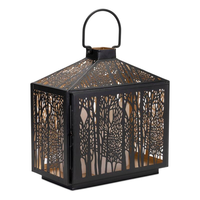 Forest Cut-Out Candle Lantern - 12.25" - Black and Gold