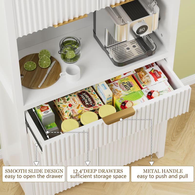 71"Pantry Storage Cabinet with Drawer, Charging Station and Open Countertop for Dining Living Room