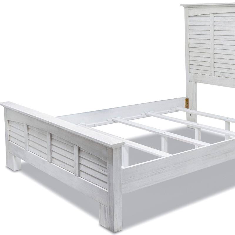 HomeRoots White Plantation Shutter Distressed Solid Wood Queen Bed Frame