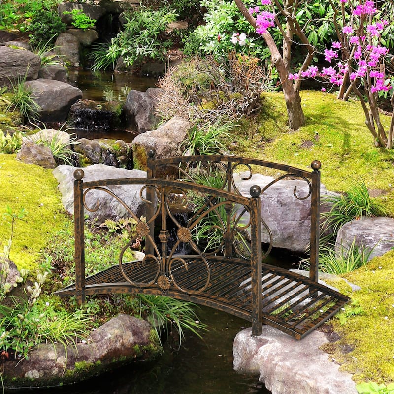 Outsunny Classic Garden Bridge with Safety Railings Arc Footbridge Decorative Pond Bridge for Backyard Creek Stream, Rust Brown - Rust Brown