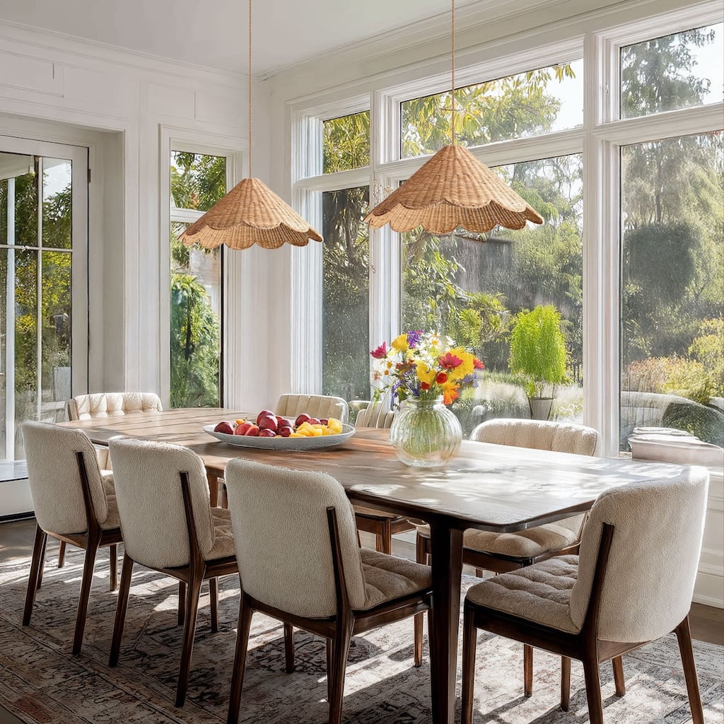 Daisy Rattan Pendant Light - Natural Large Cone 1-Light Handwoven Light Fixture For Modern, Coastal, Farmhouse, Boho Room Décor