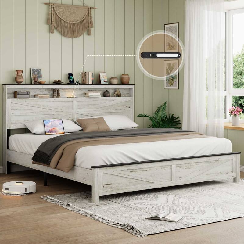 Full/ Queen/ King Size Farmhouse Style Wood Bed Frame w/ LED Light, Platform Bed w/ Storage Headboard and USB Ports