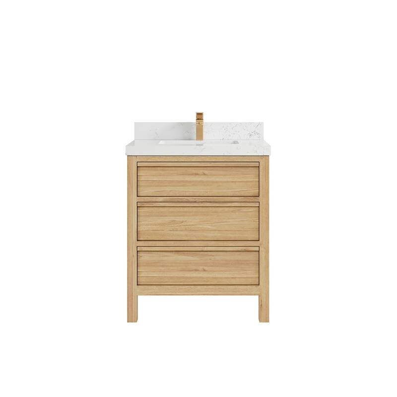 Willow Collections 30 in. W x 22 in. D Elizabeth Solid Teak Wodd Single Sink Bathroom Vanity with Countertop - 2" Empira White - Light Natural Teak