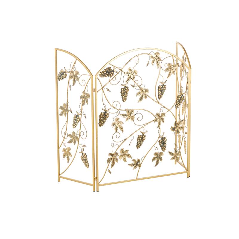 Gold Metal Foldable 3 Panel Fruit Living Room Fireplace Screen with Leaf Accents