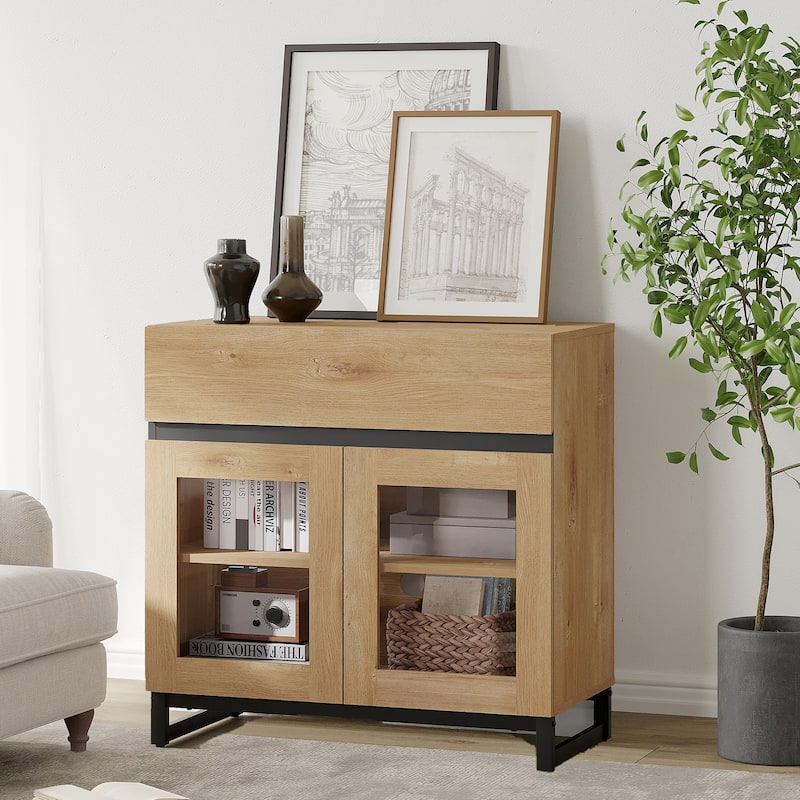 Modern Dresser With Glass Doors, Drawer, And Adjustable Shelf - Multifunctional Storage Cabinet For Living Room Or Bedroom