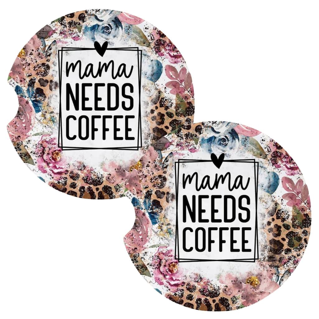 Mama Needs Coffee Brown Cheetah Flowers Coasters for Car Cup Holders Set of 2 - Multi