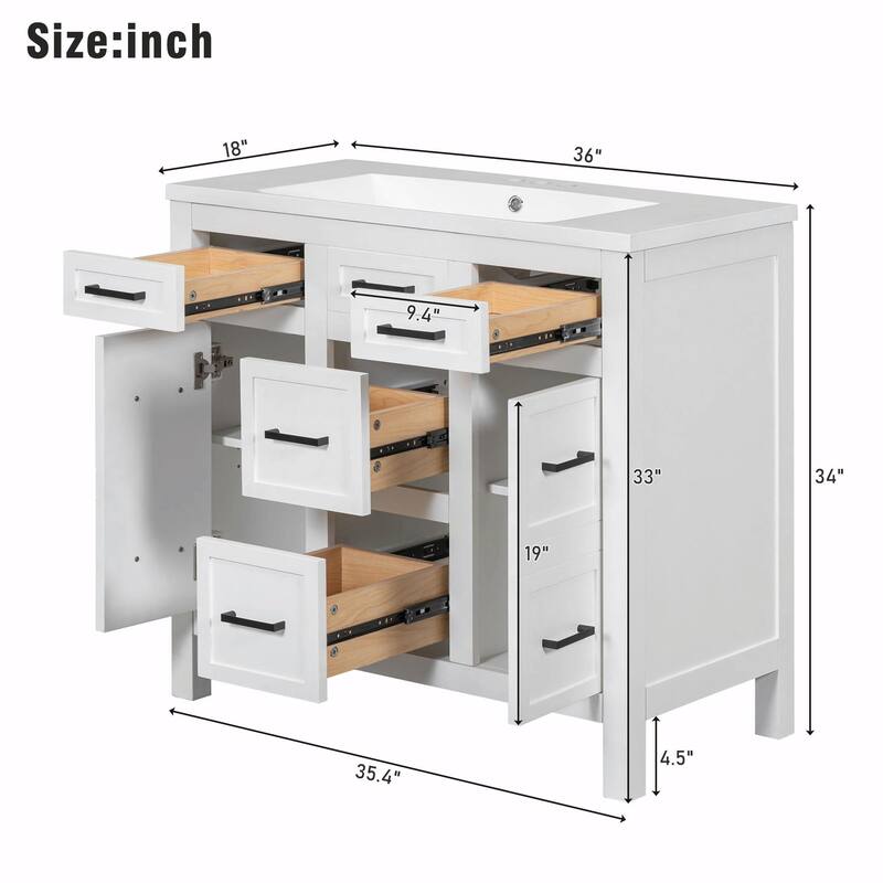 36" Bathroom Vanity with Integrated Resin Sink - 4 Drawers, 2 Doors