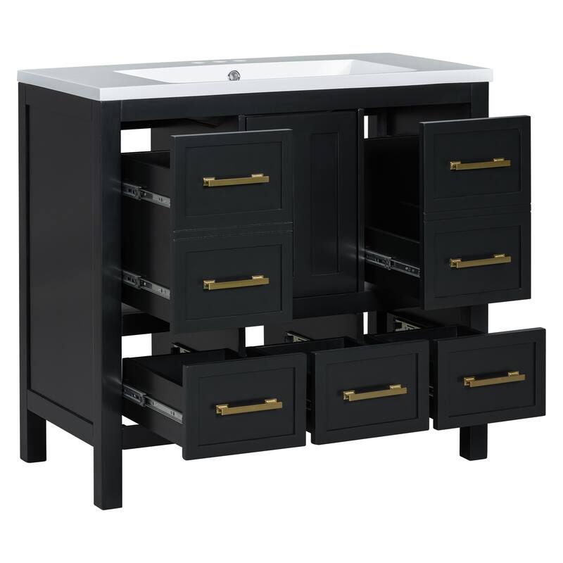 Roomfitters 36" Vanity with Resin Sink, Solid Wood Cabinet with 5 Drawers and Soft Closing Doors, Freestanding Storage Set