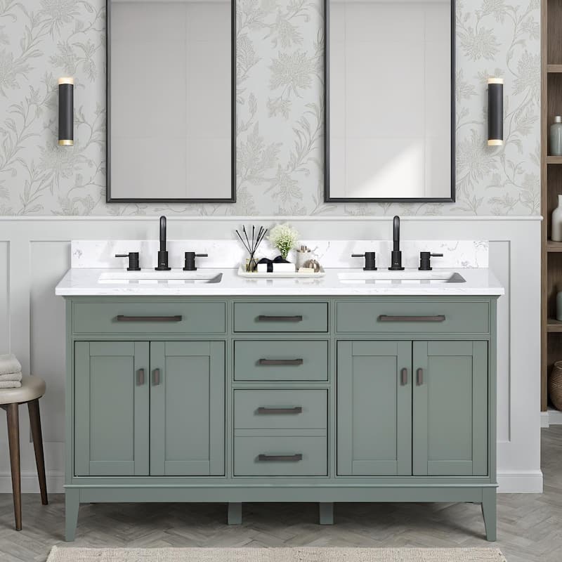 Madison 60 in. Double Sink Bathroom Vanity with Engineered Stone Top - 61" x 22"D x 35"H - Smoke Gren