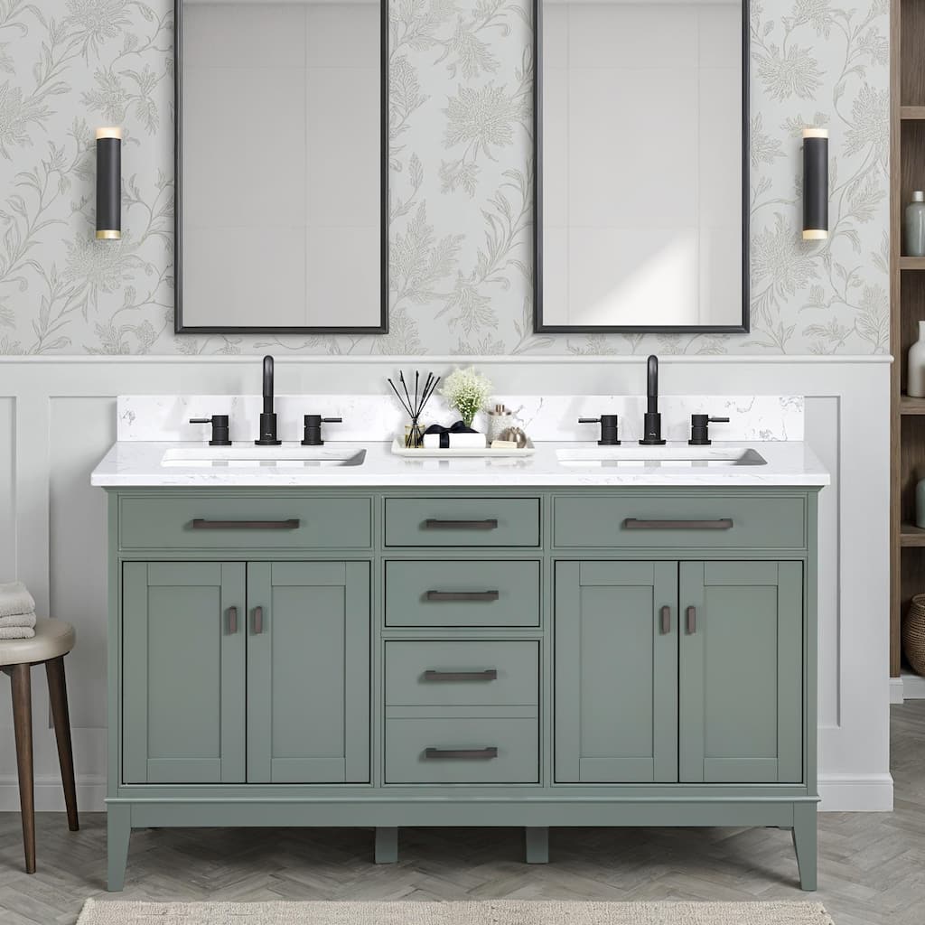 Madison 60 in. Double Sink Bathroom Vanity with Engineered Stone Top - 61" x 22"D x 35"H