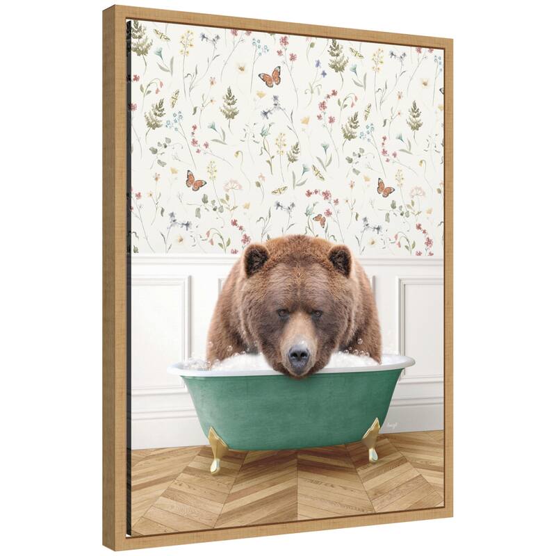 Kate and Laurel Sylvie Big Bear in Meadow Bathtub Framed Canvas by Amy Peterson - Natural