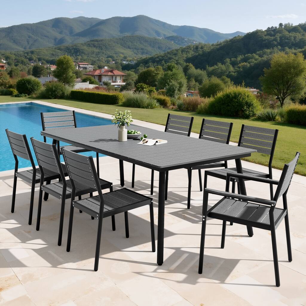 9PC Outdoor Patio Dining Set Aluminum Umbrella Hole Table with Stackable Chairs